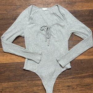 Aerie Gray Ribbed Long Sleeve Bodysuit
